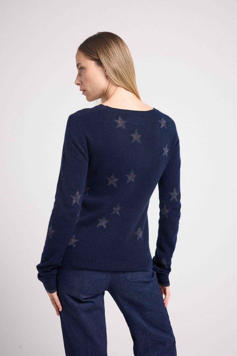 Pull Col Rond Etoiles Lola - Bleu Marine Lurex Multicolor