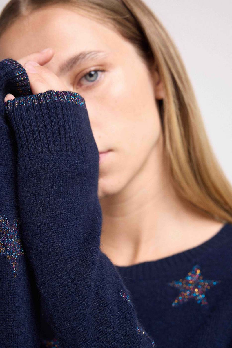 Pull Col Rond Etoiles Lola - Bleu Marine Lurex Multicolor