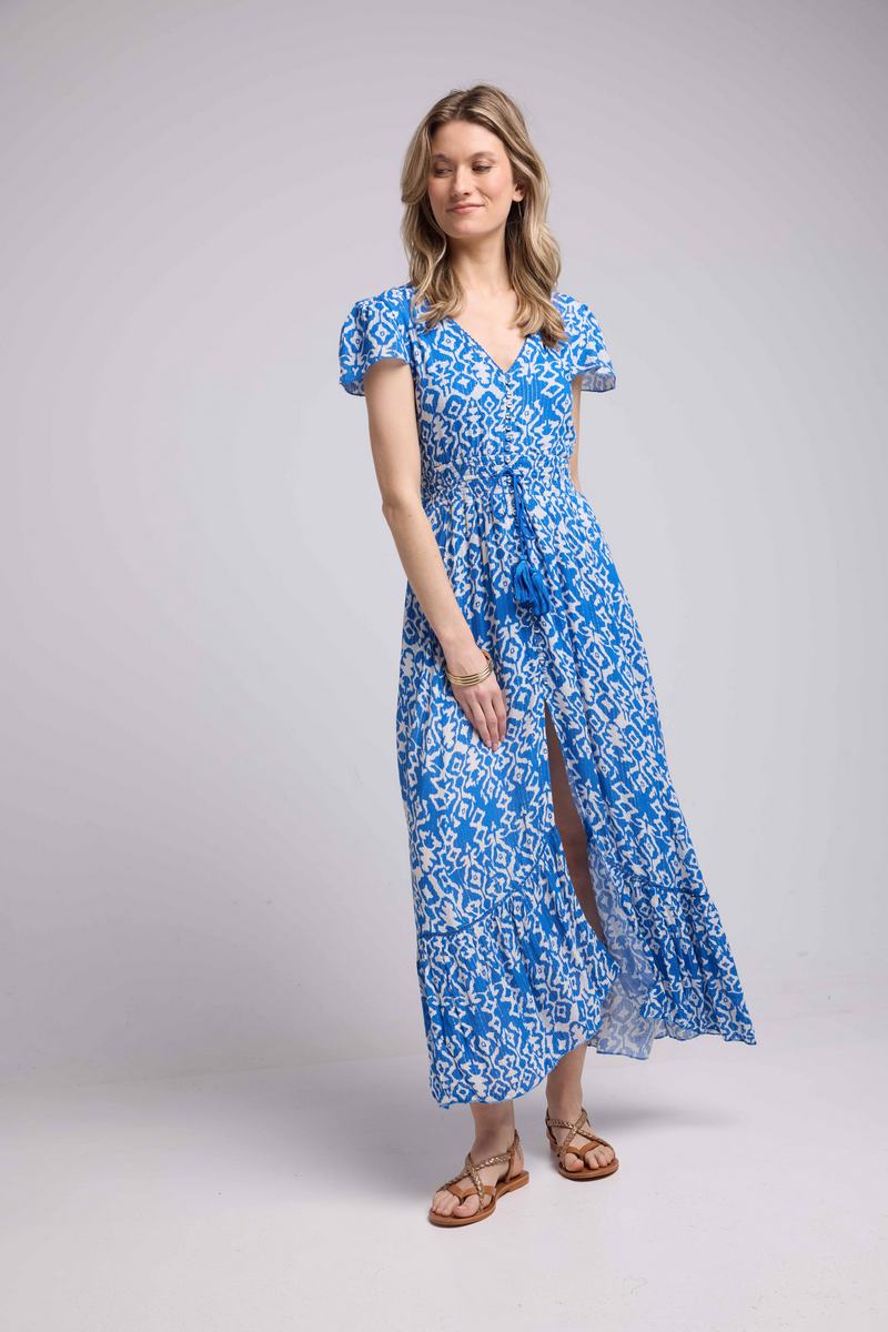 Robe Longue Manches Courtes - Blanc Bleu