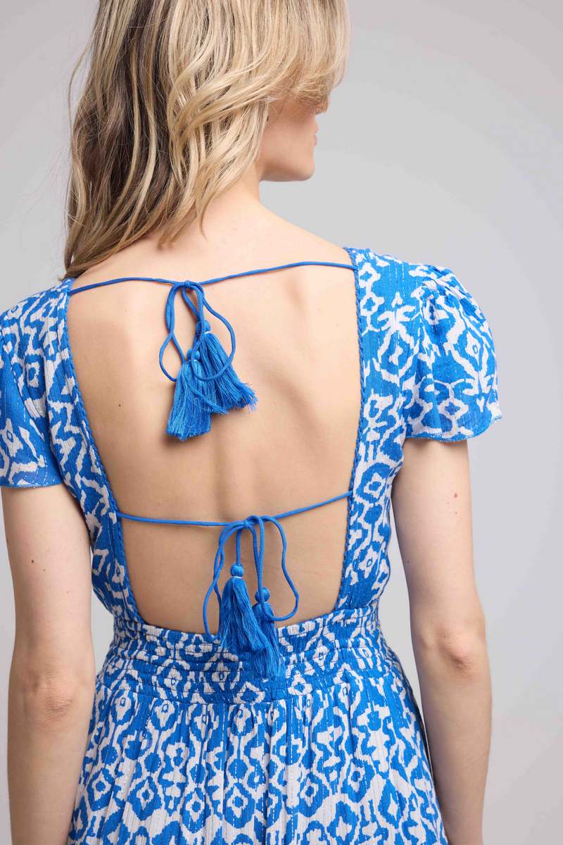 Robe Longue Manches Courtes - Blanc Bleu