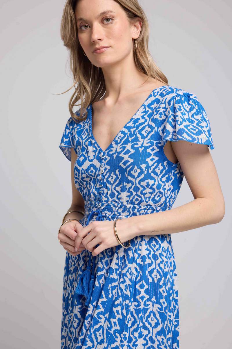 Robe Longue Manches Courtes - Blanc Bleu