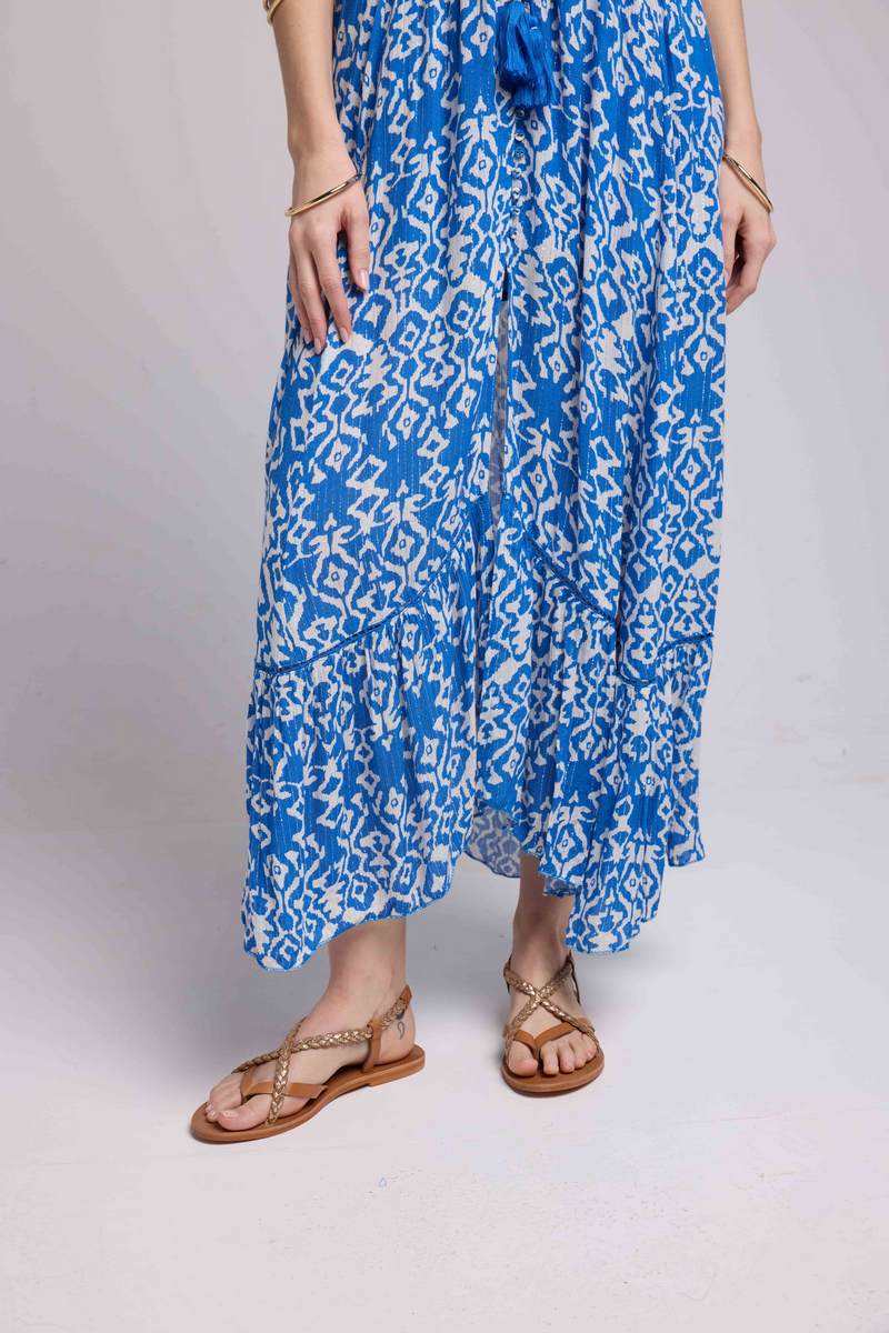 Robe Longue Manches Courtes - Blanc Bleu