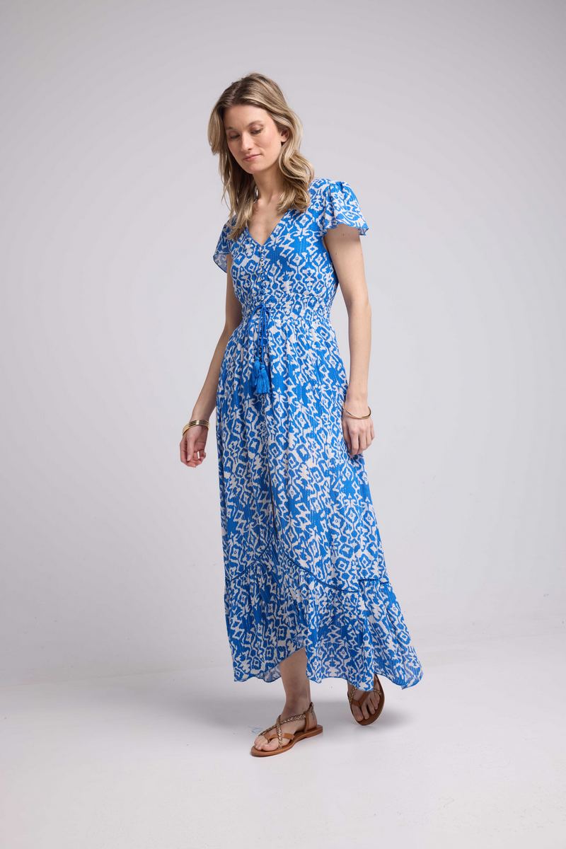 Robe Longue Manches Courtes - Blanc Bleu