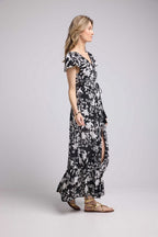 Vestido Largo Manga Corta - Flores Grandes Negro