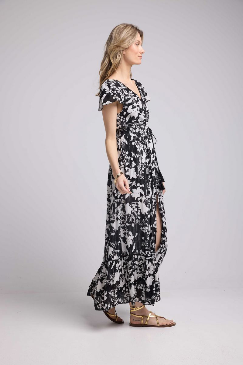 Vestido Largo Manga Corta - Flores Grandes Negro