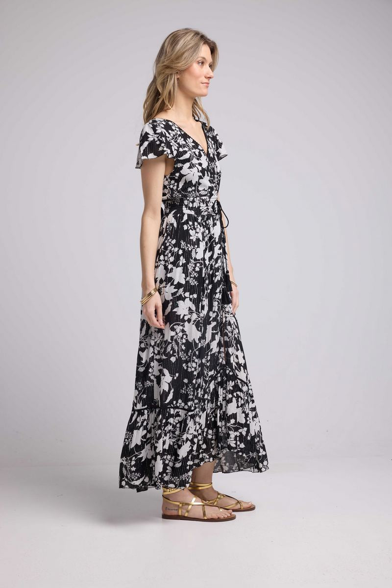Vestido Largo Manga Corta - Flores Grandes Negro