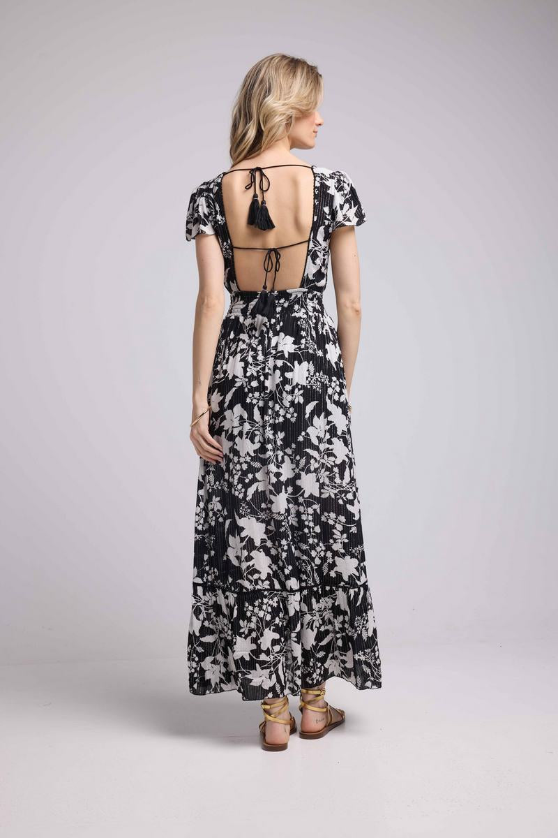 Vestido Largo Manga Corta - Flores Grandes Negro