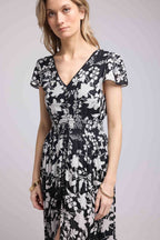 Vestido Largo Manga Corta - Flores Grandes Negro