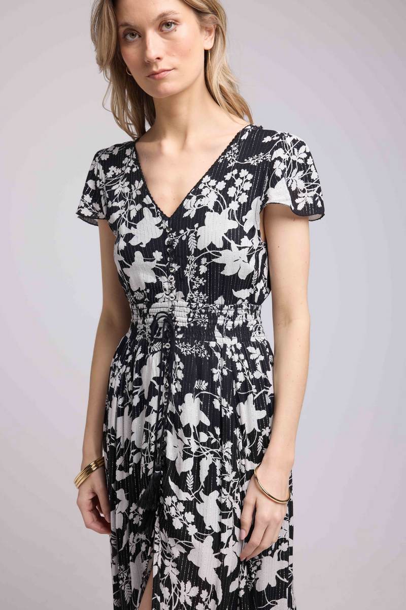 Vestido Largo Manga Corta - Flores Grandes Negro