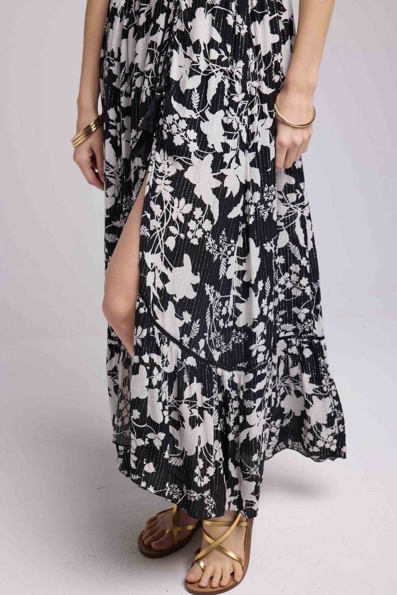 Vestido Largo Manga Corta - Flores Grandes Negro