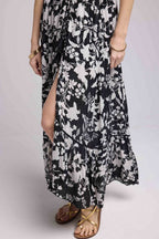 Vestido Largo Manga Corta - Flores Grandes Negro