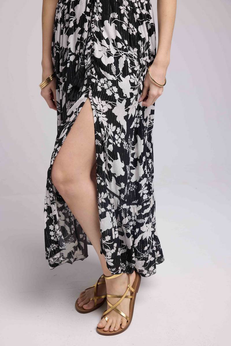 Vestido Largo Manga Corta - Flores Grandes Negro