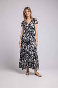 Vestido Largo Manga Corta - Flores Grandes Negro