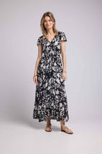 Vestido Largo Manga Corta - Flores Grandes Negro