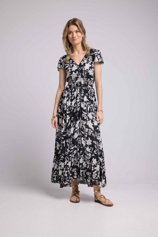 Vestido Largo Manga Corta - Flores Grandes Negro