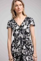 Vestido Largo Manga Corta - Flores Grandes Negro