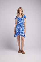 Robe Courte Manches Courtes - Grosses Fleurs Bleu