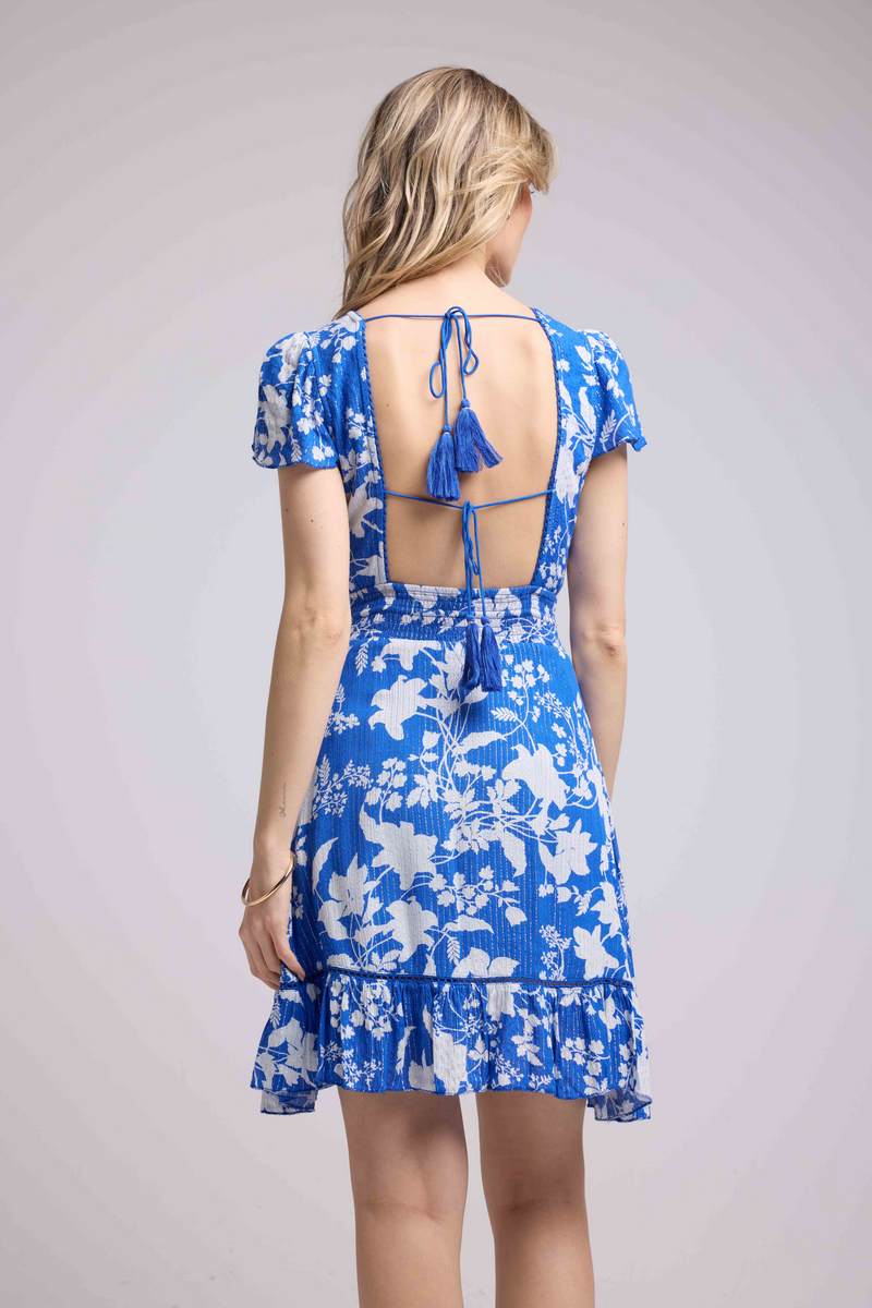 Robe Courte Manches Courtes - Grosses Fleurs Bleu