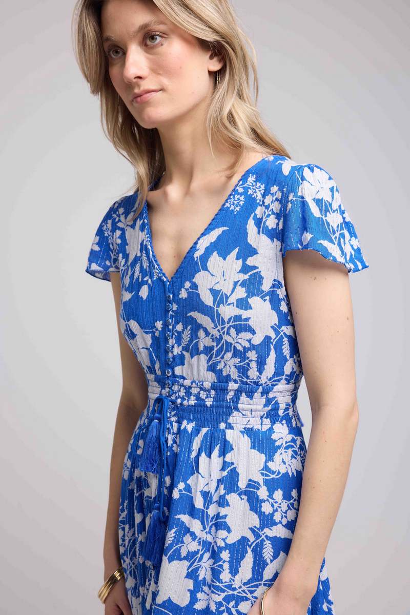 Robe Courte Manches Courtes - Grosses Fleurs Bleu