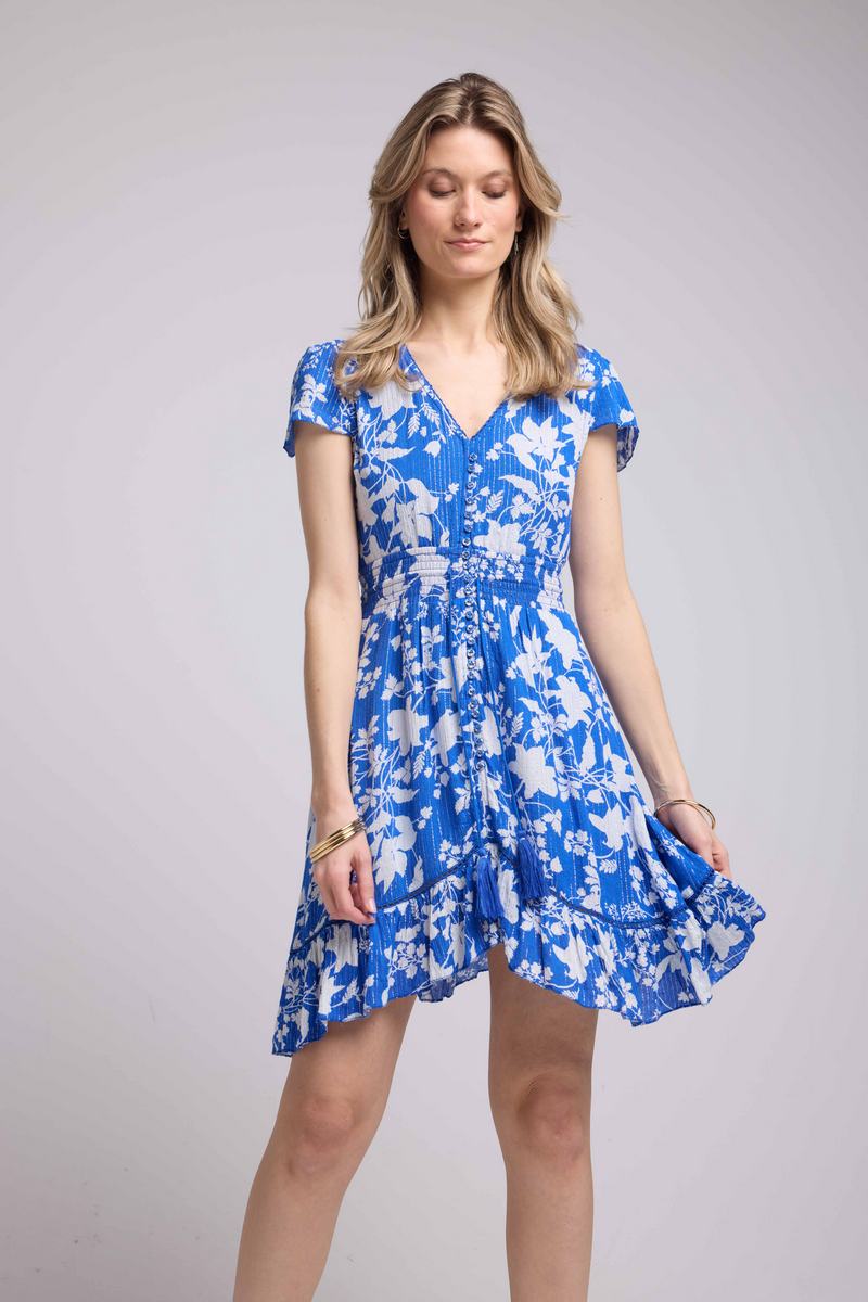 Robe Courte Manches Courtes - Grosses Fleurs Bleu