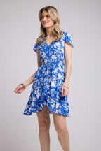 Robe Courte Manches Courtes - Grosses Fleurs Bleu