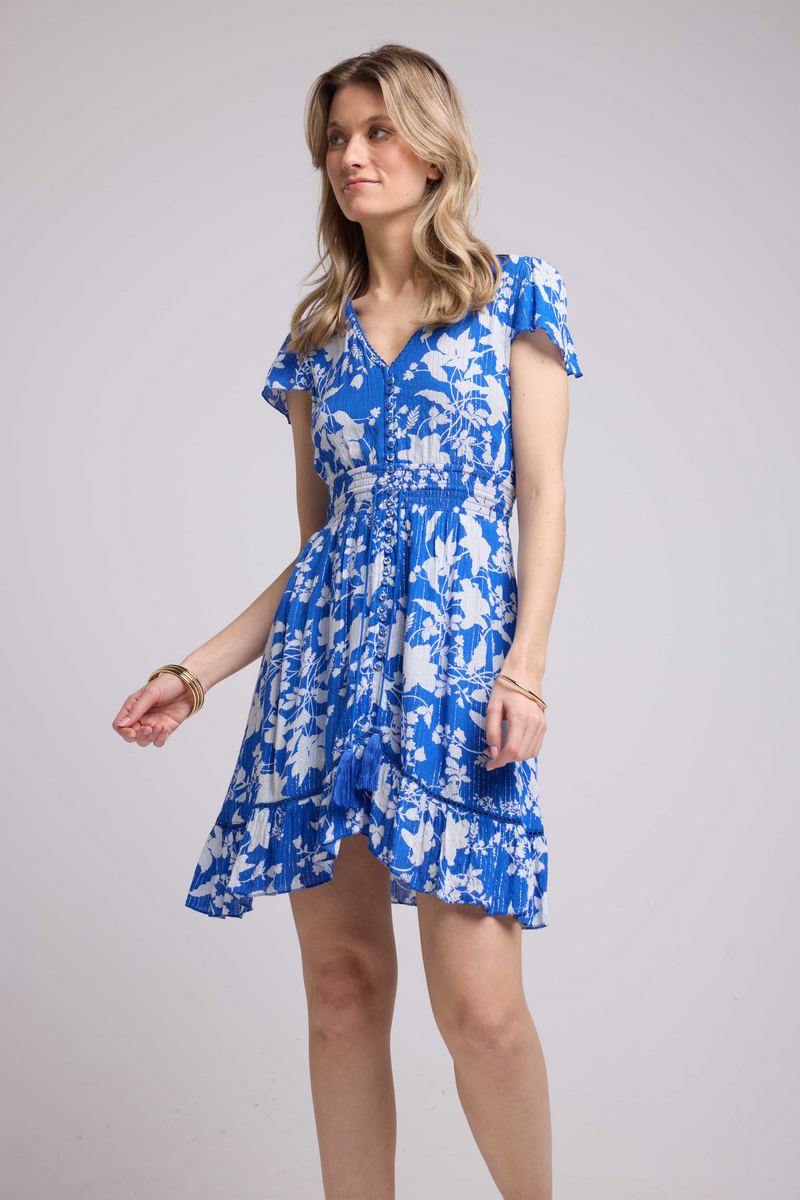 Robe Courte Manches Courtes - Grosses Fleurs Bleu