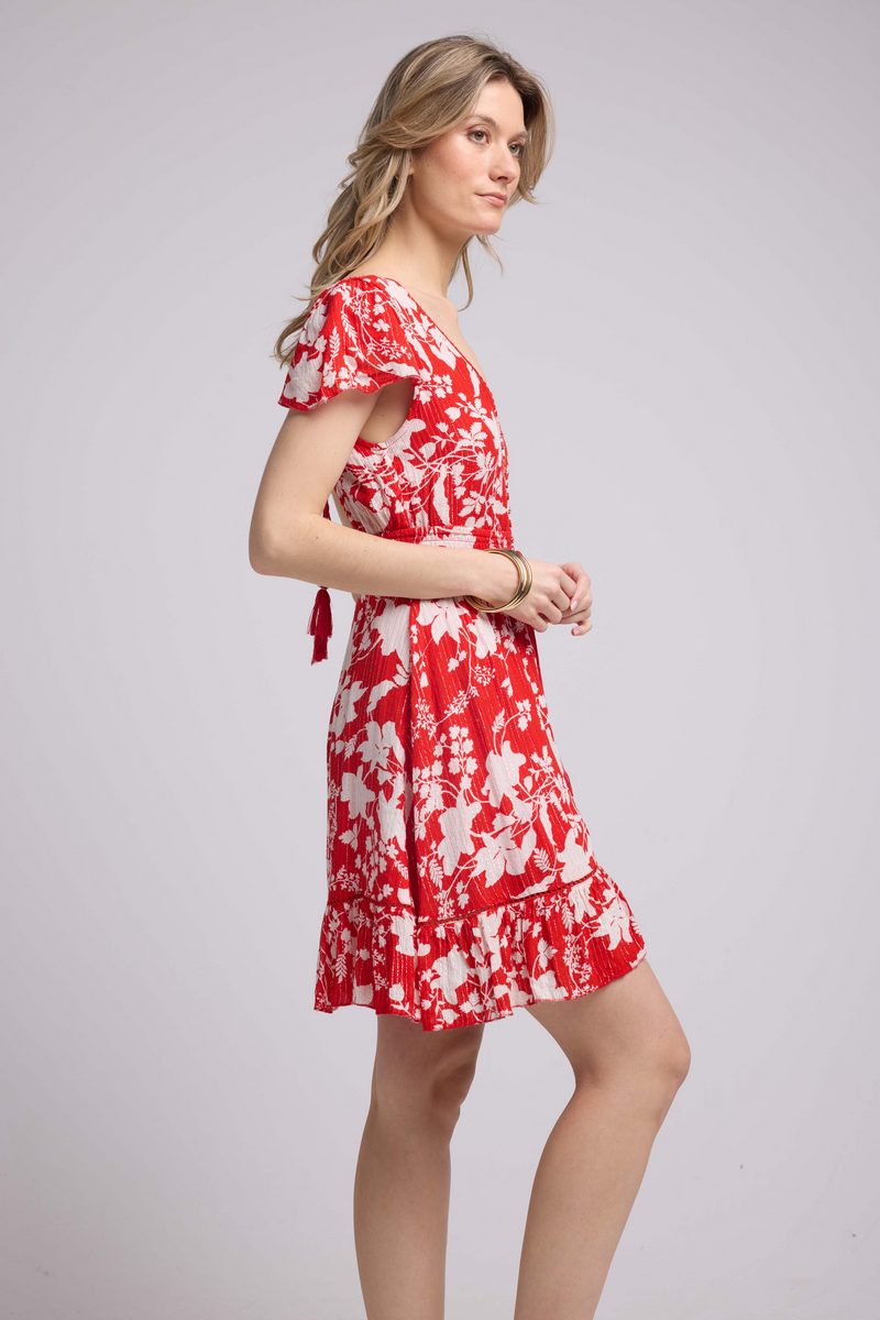 Vestido Corto De Manga Corta - Grandes Flores Rojas