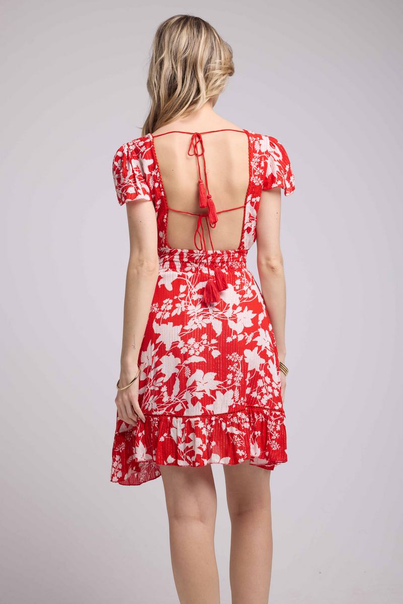 Vestido Corto De Manga Corta - Grandes Flores Rojas