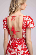 Vestido Corto De Manga Corta - Grandes Flores Rojas