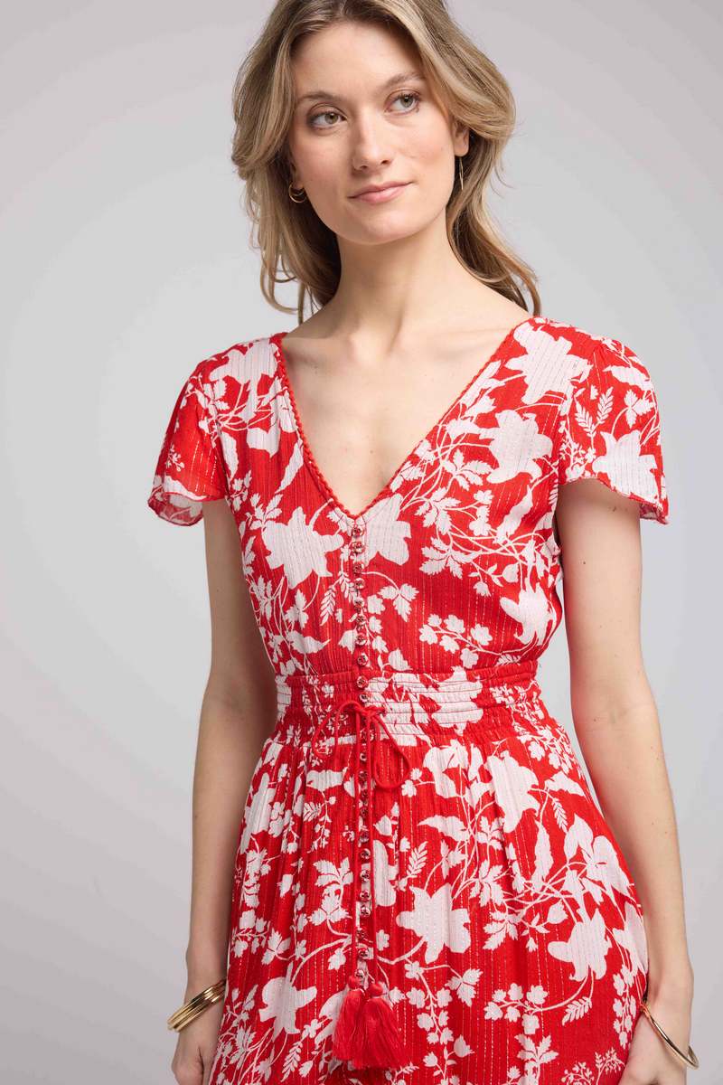 Vestido Corto De Manga Corta - Grandes Flores Rojas