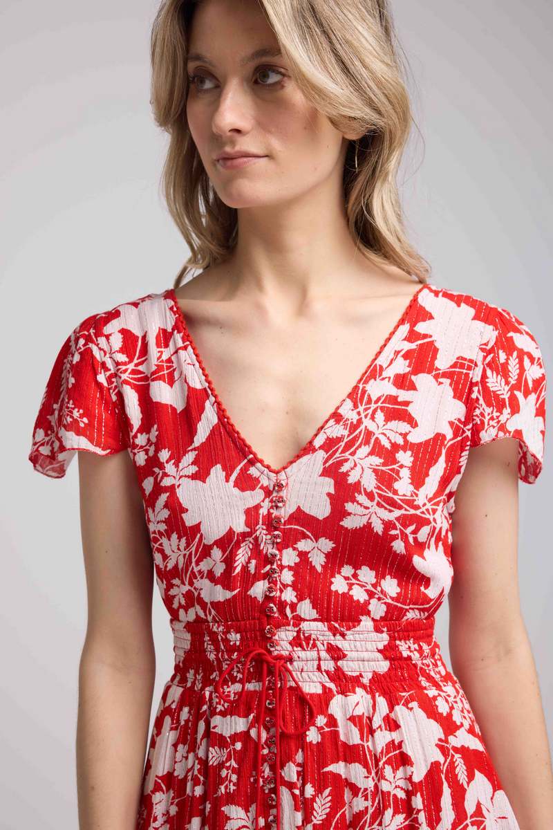Vestido Corto De Manga Corta - Grandes Flores Rojas