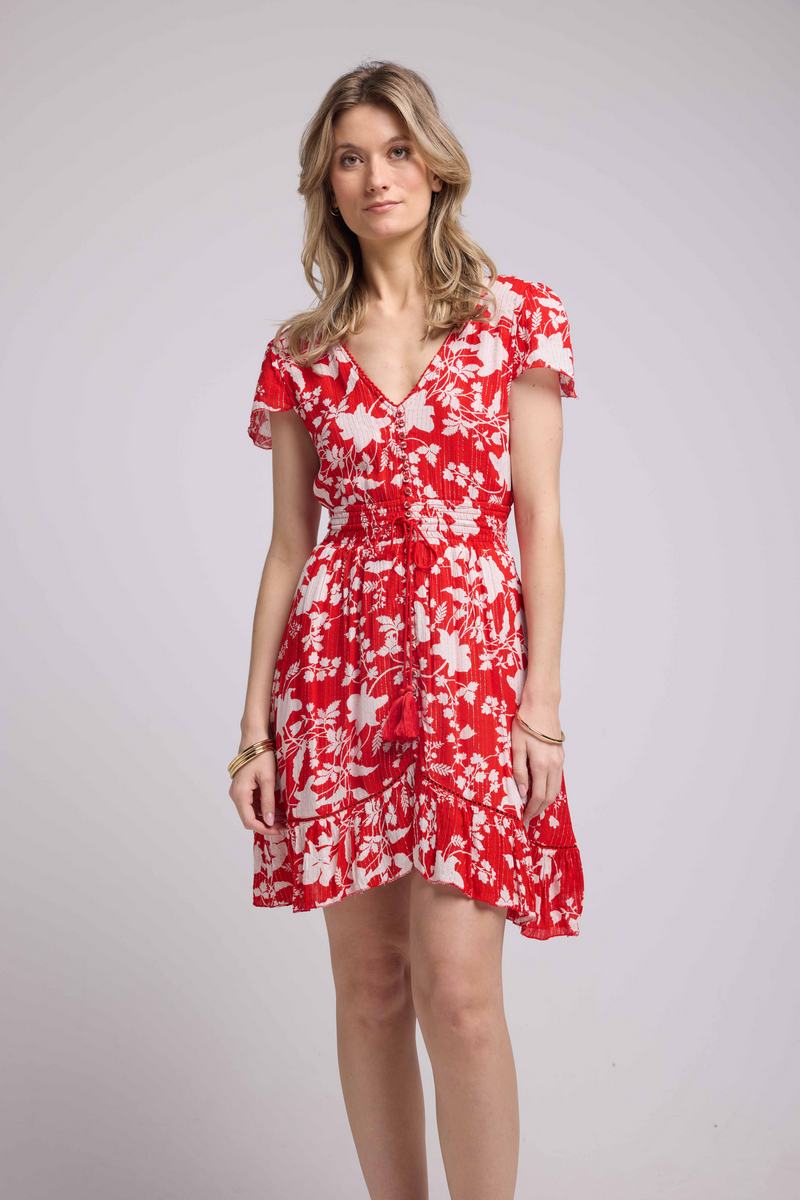 Vestido Corto De Manga Corta - Grandes Flores Rojas
