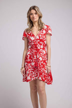 Vestido Corto De Manga Corta - Grandes Flores Rojas