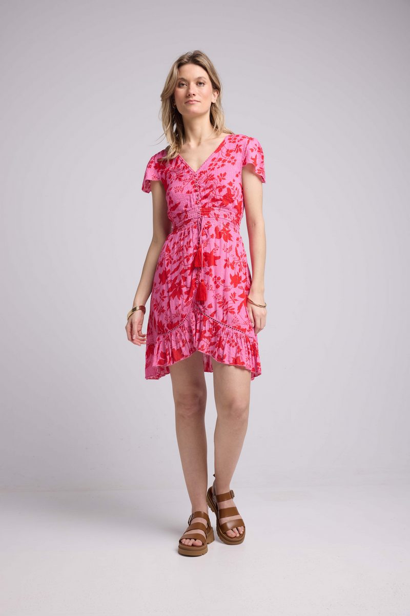 Robe Courte Manches Courtes - Rose Rouge
