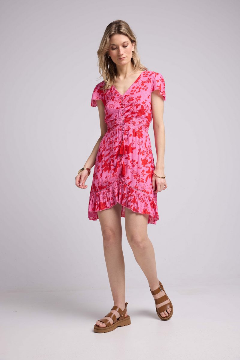 Robe Courte Manches Courtes - Rose Rouge