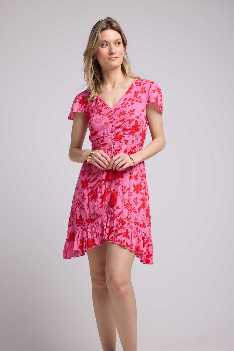 Robe Courte Manches Courtes - Rose Rouge