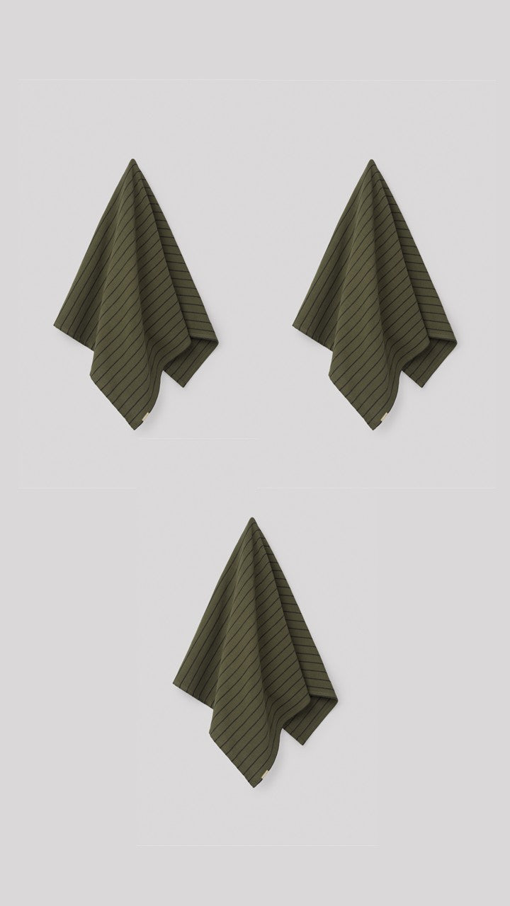 Juego de 3 paños de cocina a rayas verde alcaparra