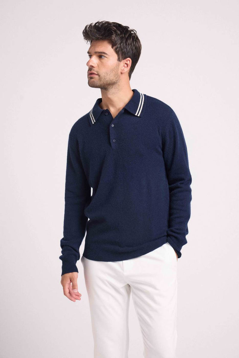 Pull Col Polo Rayures Louis - Bleu Marine Blanc