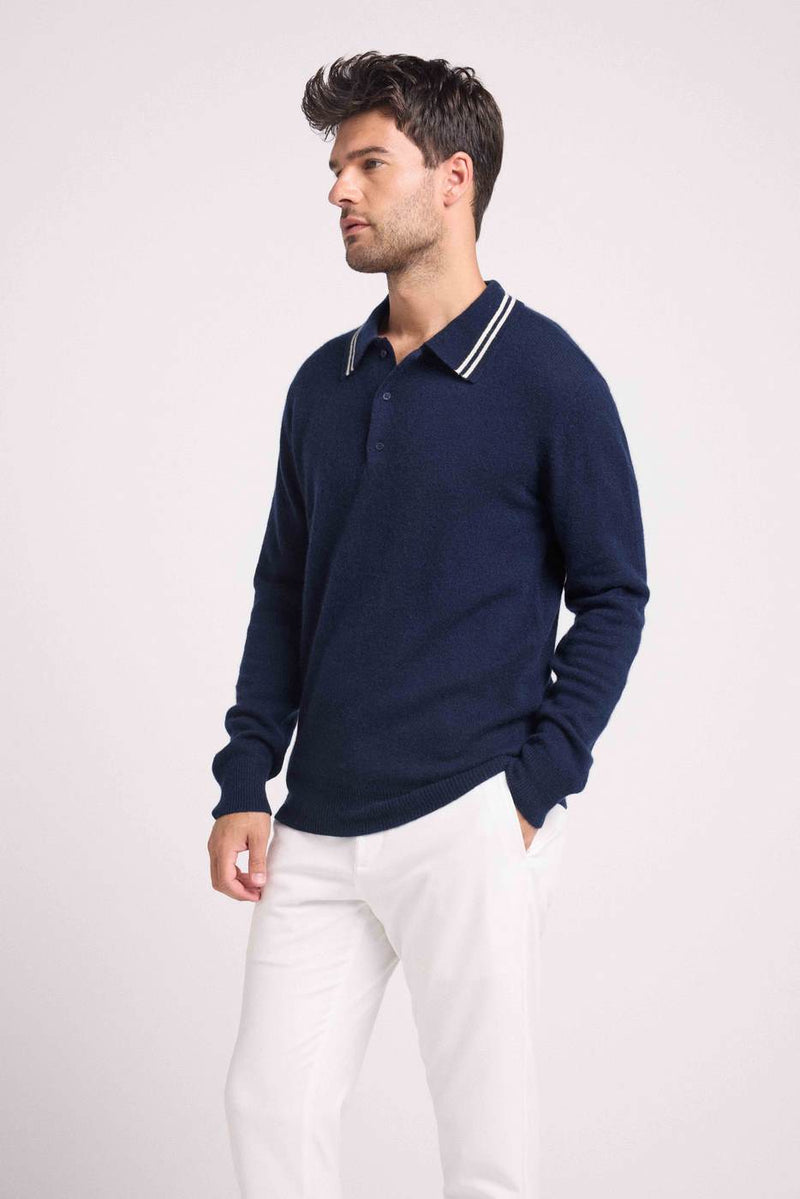 Pull Col Polo Rayures Louis - Bleu Marine Blanc