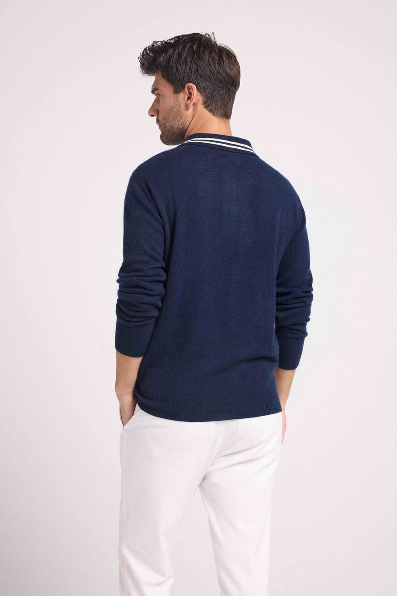 Pull Col Polo Rayures Louis - Bleu Marine Blanc