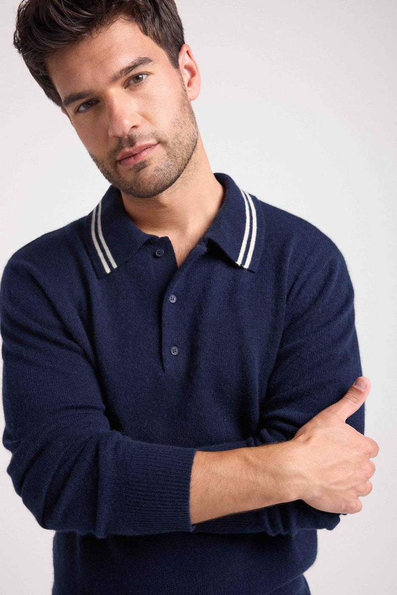 Pull Col Polo Rayures Louis - Bleu Marine Blanc
