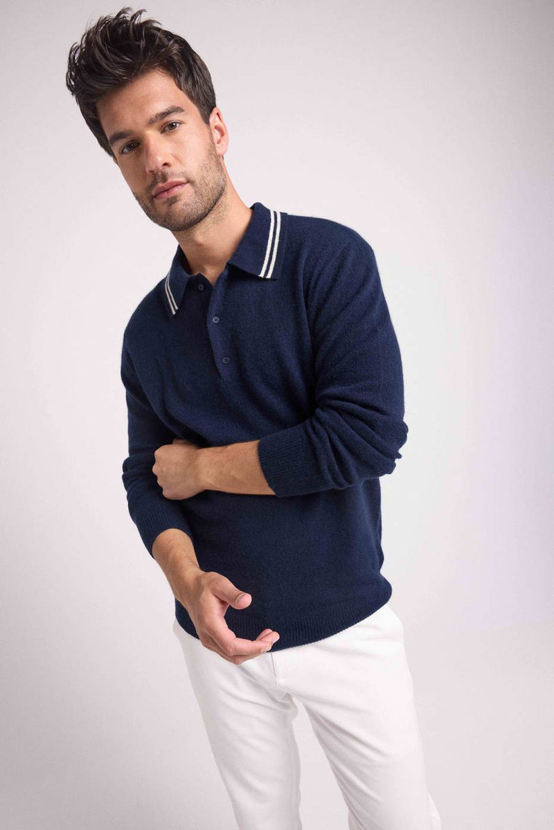Pull Col Polo Rayures Louis - Bleu Marine Blanc