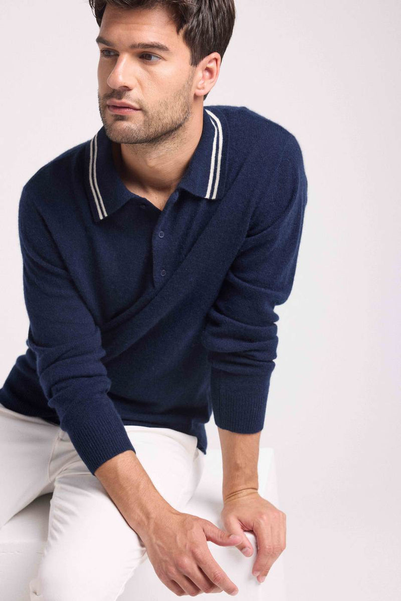Pull Col Polo Rayures Louis - Bleu Marine Blanc