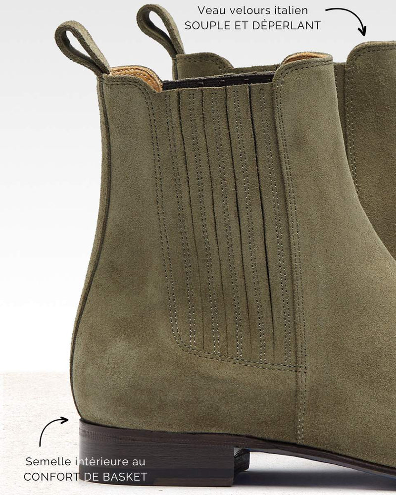 Chelsea Boots Louise - Daim Vert Olive - Semelle Cuir - Femme