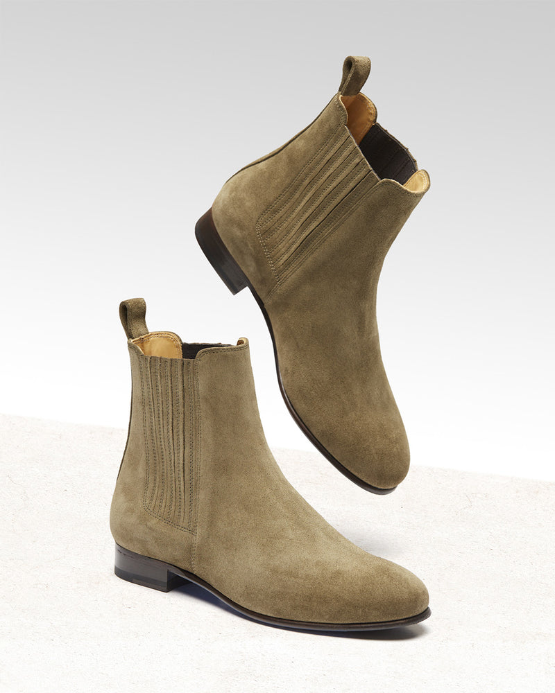 Chelsea Boots Louise - Daim Vert Olive - Semelle Cuir - Femme