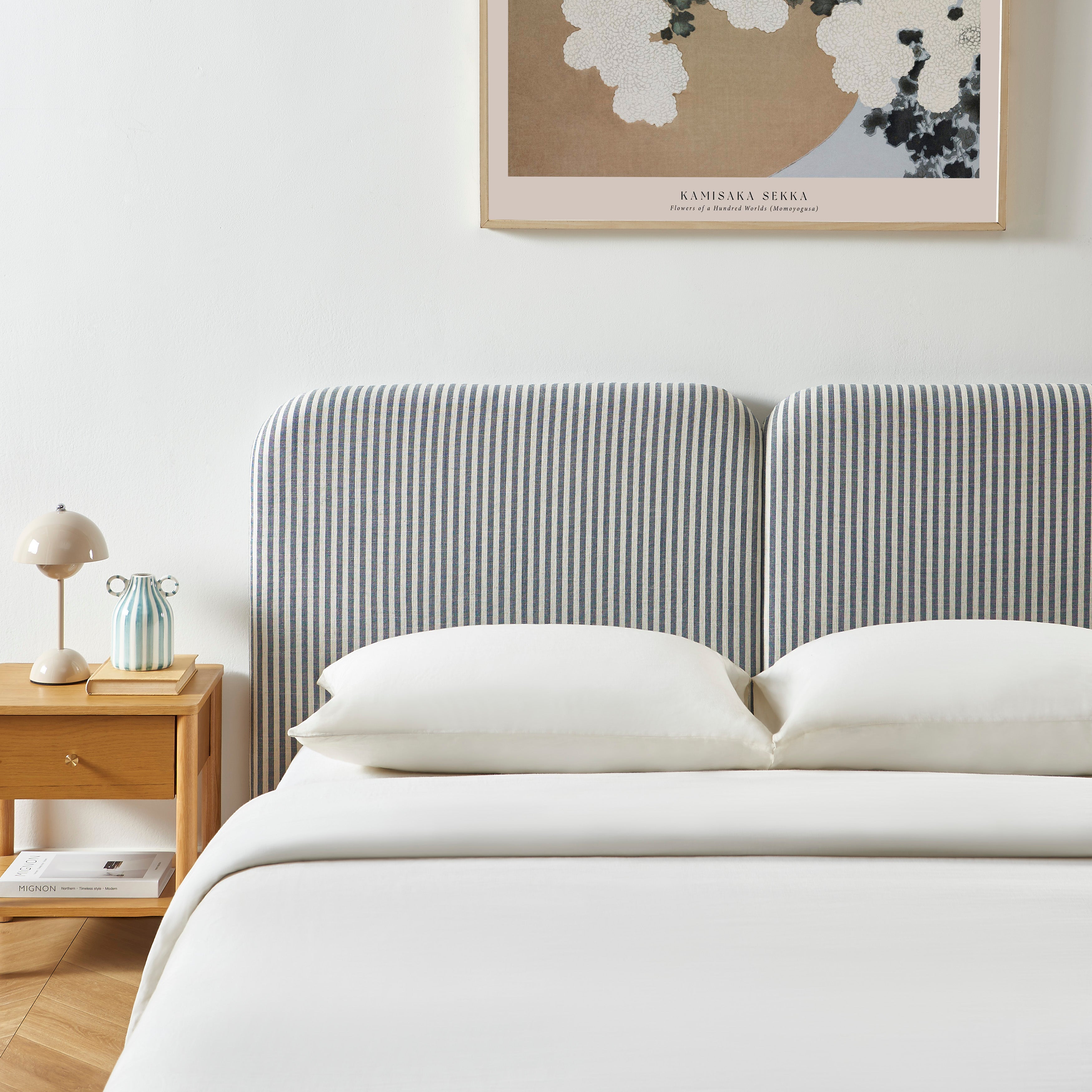 Louison - Headboard - Striped Linen Fabric - White and Blue