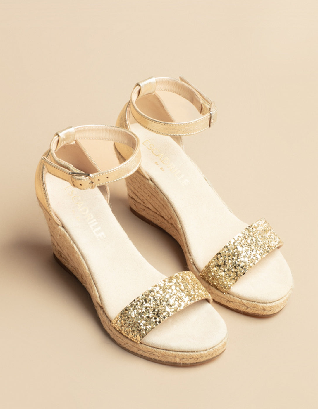 Espadrilles Compensées Lovrecina Cuir Et Glitter Doré - Femme
