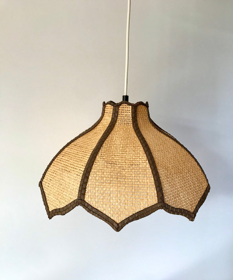 Suspension Lotus / Pétale En Rotin Vintage Beige Et Marron - Années 60-70