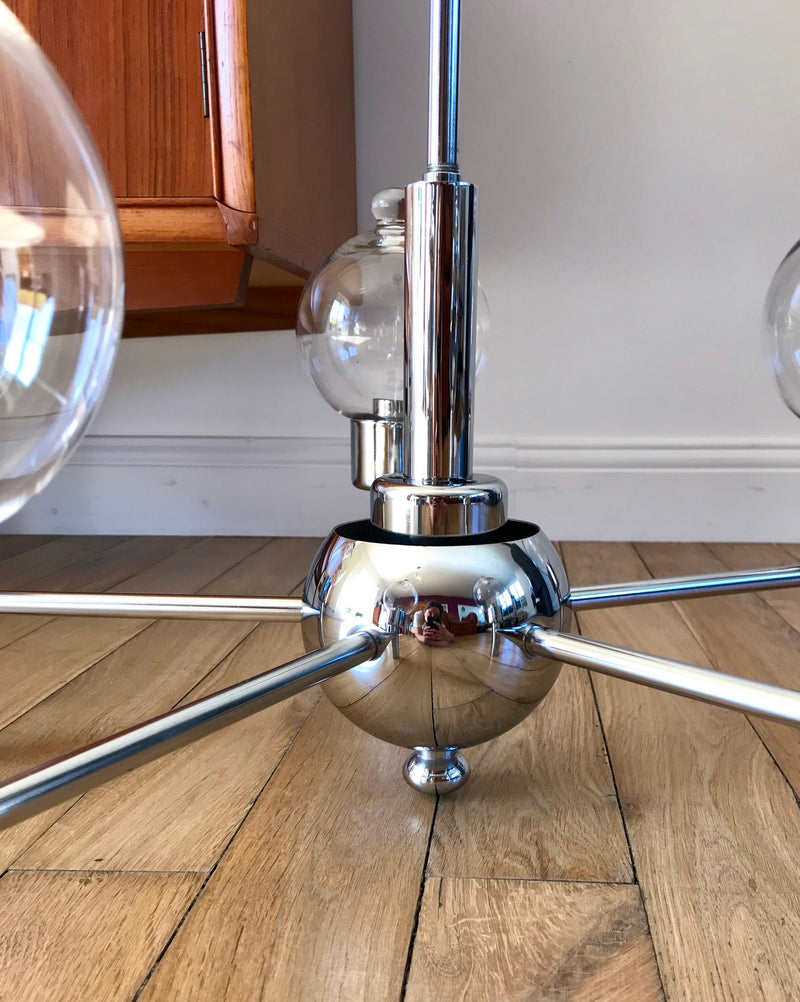 Suspension Design En Chrome Et Boules En Verre 5 Feux Space Age - Années 70