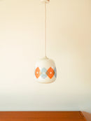 Suspension En Opaline Blanche À Motifs Géométriques Orange Et Bleu Design - 1970